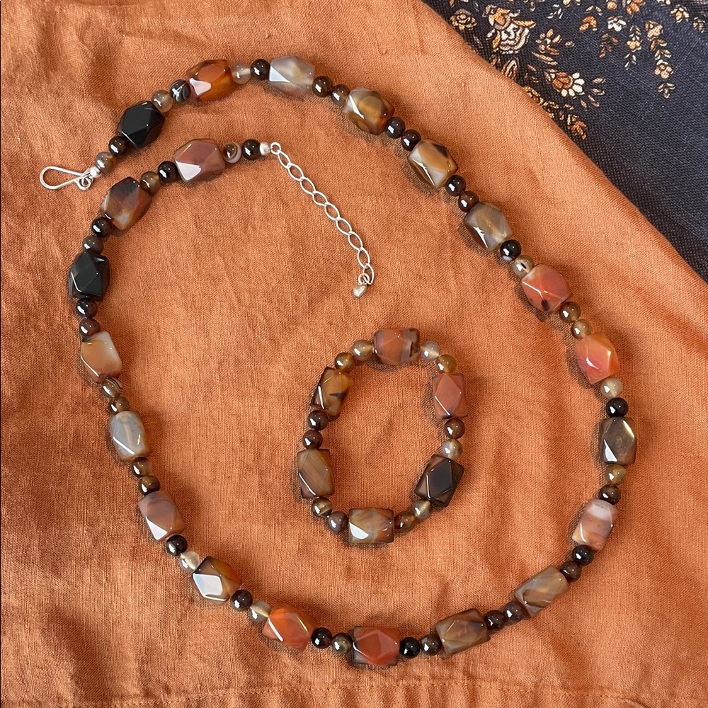 Root Beer Agate Beaded Necklace and Bracelet Set